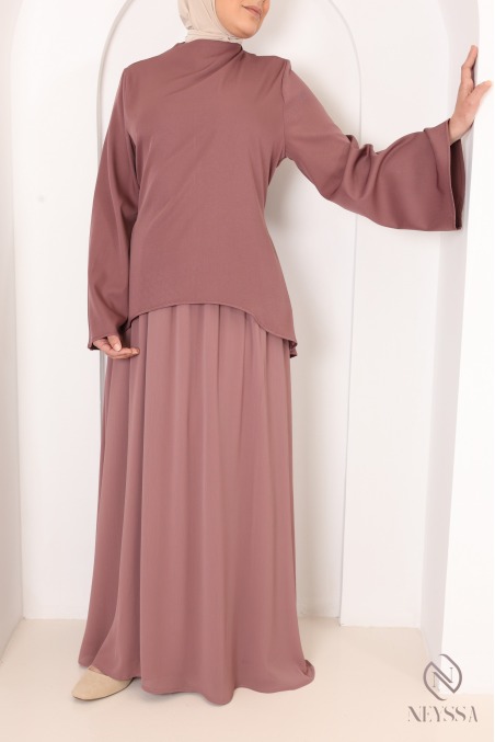 Ensemble blouse crêpe + jupe longue évasée mousseline plissée