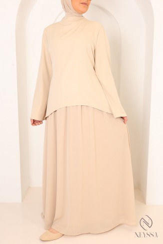 Beige shirt set with long pleated skirt 2