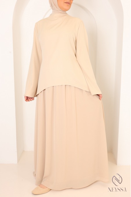 Beige shirt set with long pleated skirt