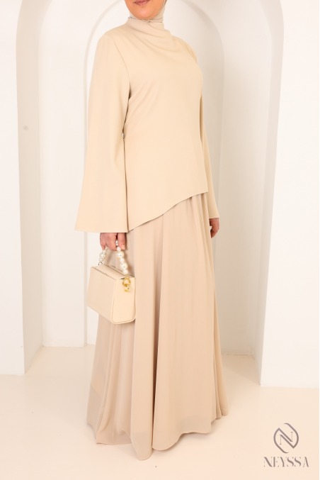 Beige shirt set with long pleated skirt