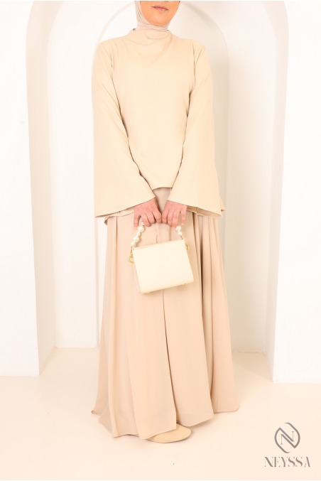 Beige shirt set with long pleated skirt