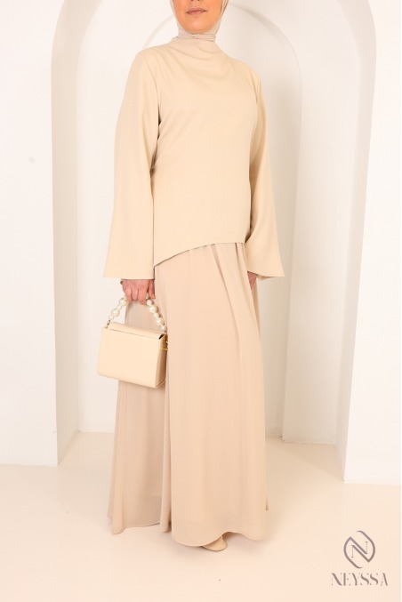 Beige shirt set with long pleated skirt