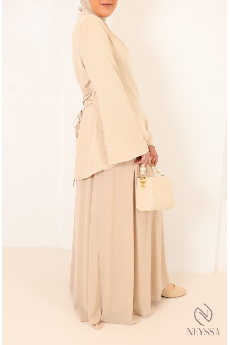 Beige shirt set with long pleated skirt