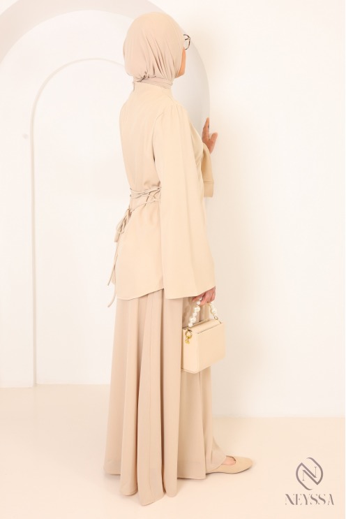 Beige shirt set with long pleated skirt