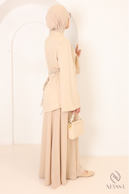 Beige shirt set with long pleated skirt
