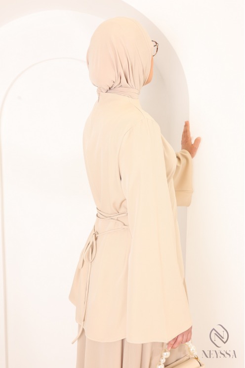 Beige shirt set with long pleated skirt