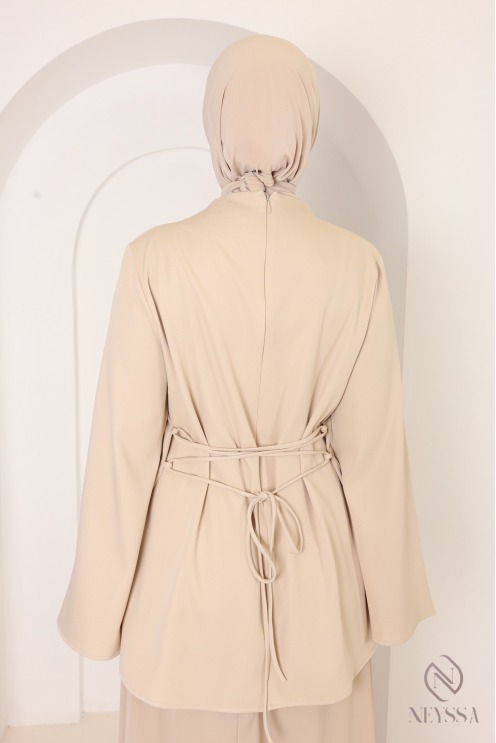 Beige shirt set with long pleated skirt