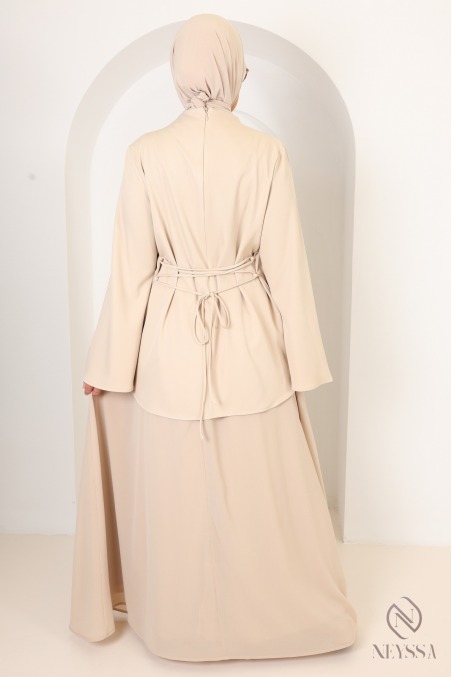 Beige shirt set with long pleated skirt