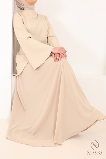 Beige shirt set with long pleated skirt