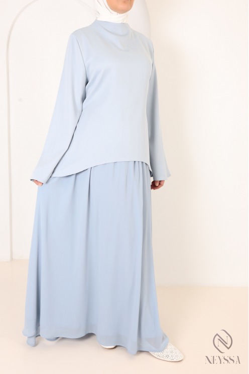 Baby Blue Two-Piece Set: Blouse + Long Flared Skirt in Two Fabrics