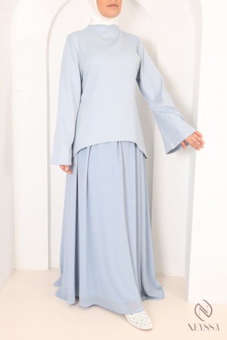 Set in Babyblau: Bluse + langer, ausgestellter Rock aus zwei Materialien 2