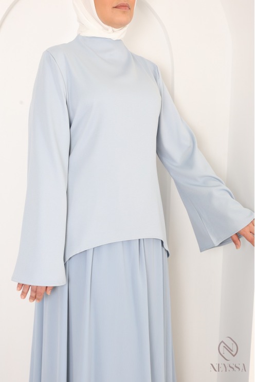 Baby Blue Two-Piece Set: Blouse + Long Flared Skirt in Two Fabrics