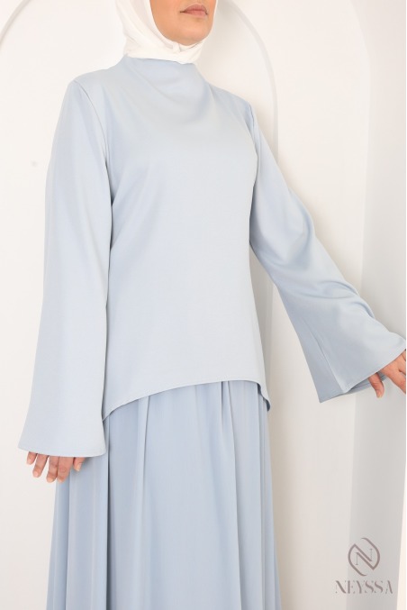 Baby Blue Two-Piece Set: Blouse + Long Flared Skirt in Two Fabrics