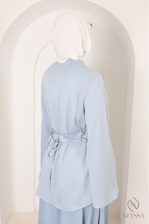 Baby Blue Two-Piece Set: Blouse + Long Flared Skirt in Two Fabrics