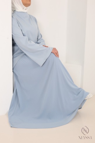 Baby Blue Two-Piece Set: Blouse + Long Flared Skirt in Two Fabrics
