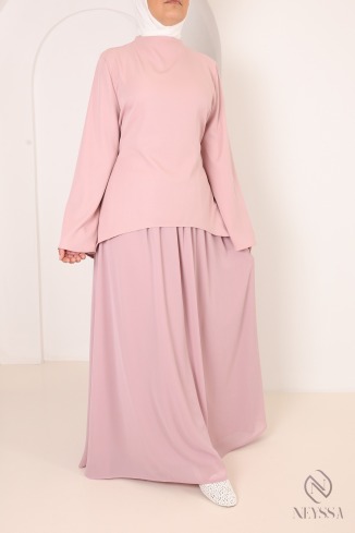 Ensemble 2 pièces coupe asymétrique + jupe longue évasée rose
