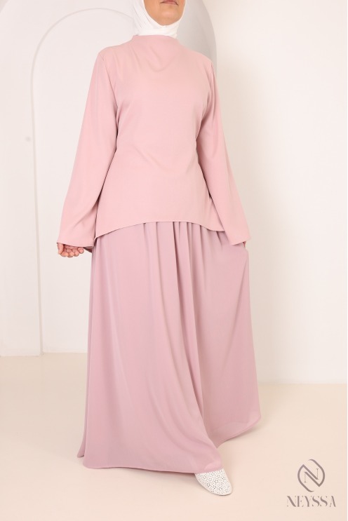 Ensemble 2 pièces coupe asymétrique + jupe longue évasée rose