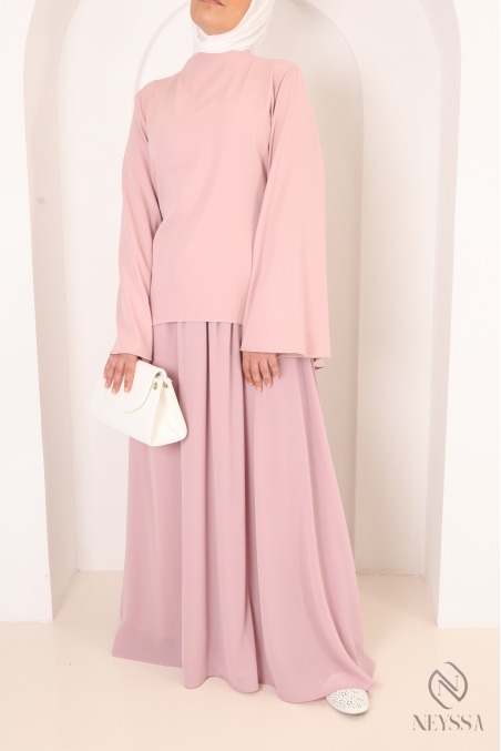 2-Piece Asymmetrical Set + Long Flared Pink Skirt