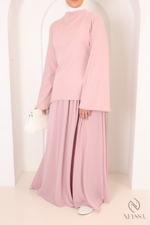 2-Piece Asymmetrical Set + Long Flared Pink Skirt