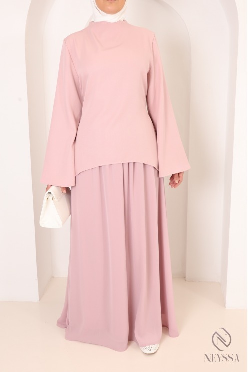 Ensemble 2 pièces coupe asymétrique + jupe longue évasée rose