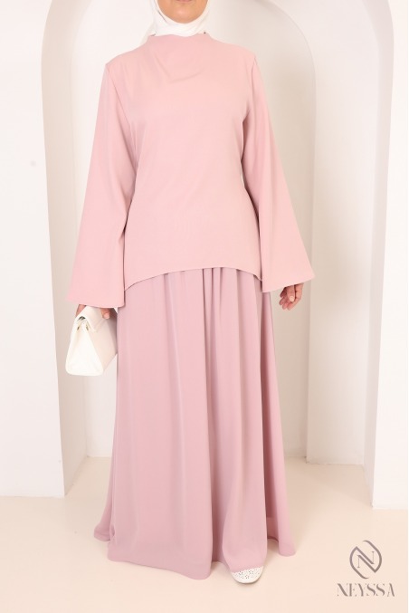 2-Piece Asymmetrical Set + Long Flared Pink Skirt