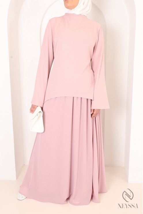 2-Piece Asymmetrical Set + Long Flared Pink Skirt