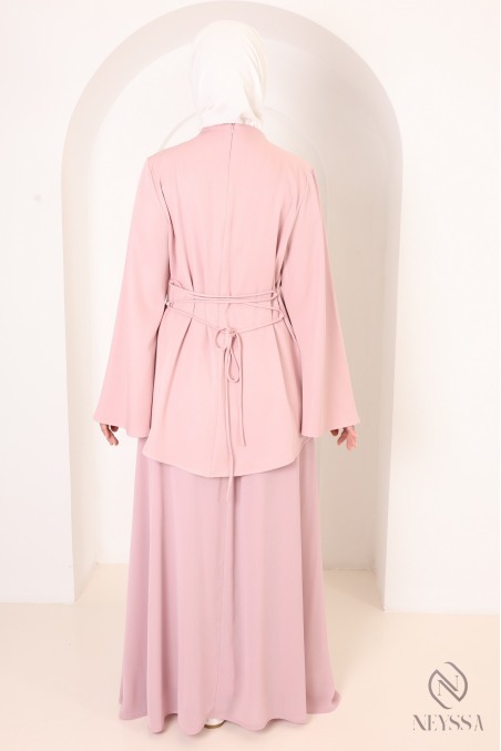 Ensemble 2 pièces coupe asymétrique + jupe longue évasée rose