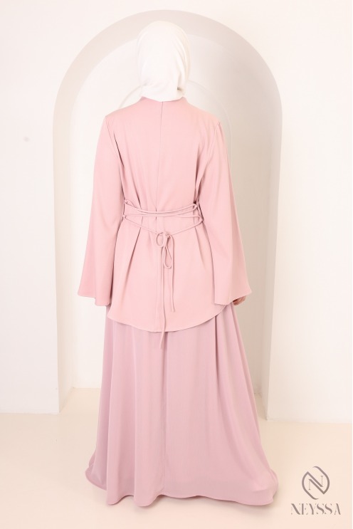 Ensemble 2 pièces coupe asymétrique + jupe longue évasée rose
