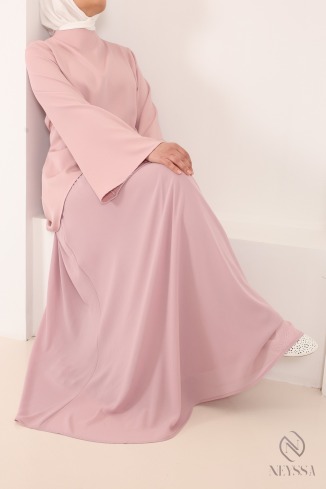 Ensemble 2 pièces coupe asymétrique + jupe longue évasée rose 2