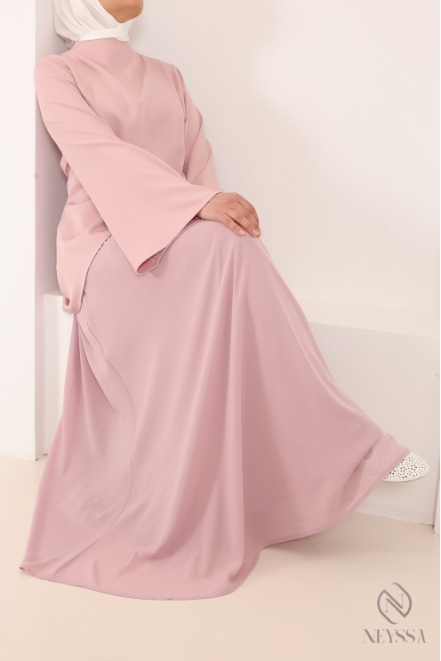 Ensemble 2 pièces coupe asymétrique + jupe longue évasée rose