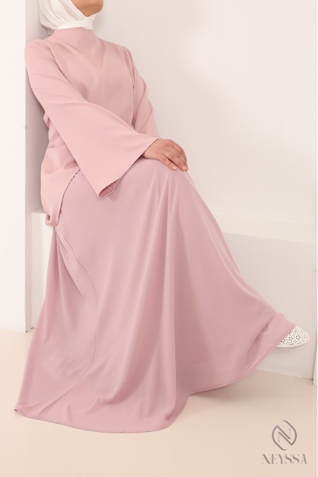 Ensemble 2 pièces coupe asymétrique + jupe longue évasée rose