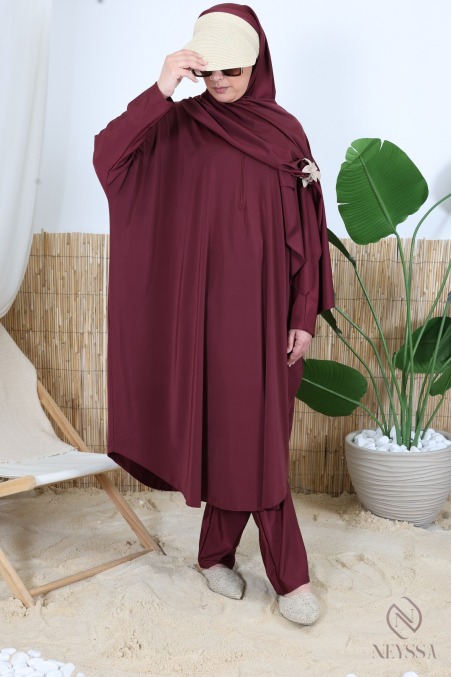 Burgundy 3-piece plus-size butterfly-cut burkini with zipper
