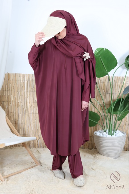 Burkini 3 pièces bordeaux grande taille coupe papillon avec zip