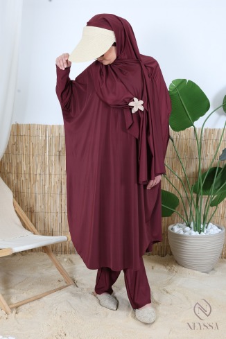 Burkini 3 pièces bordeaux grande taille coupe papillon avec zip
