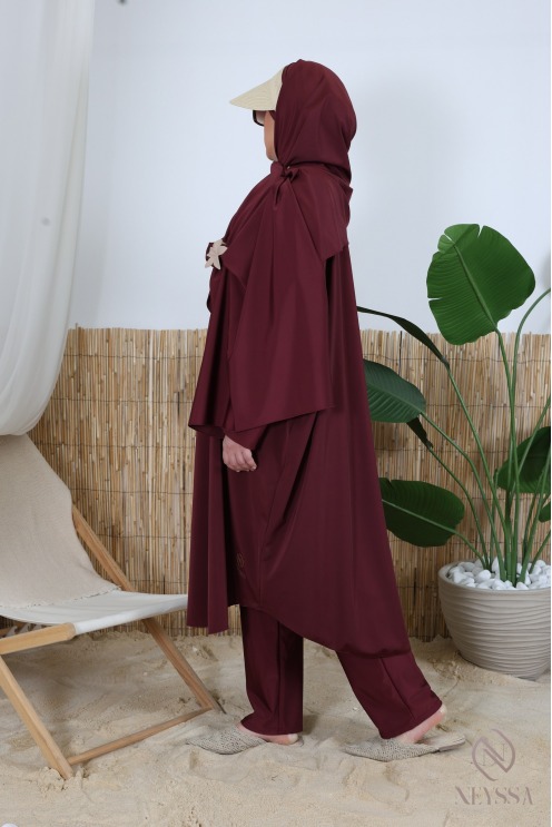 Burgundy 3-piece plus-size butterfly-cut burkini with zipper