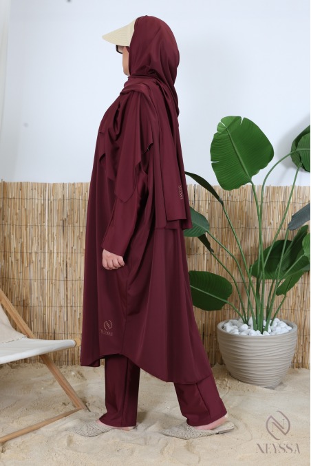 Burgundy 3-piece plus-size butterfly-cut burkini with zipper