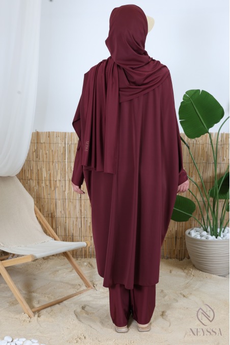 Burgundy 3-piece plus-size butterfly-cut burkini with zipper