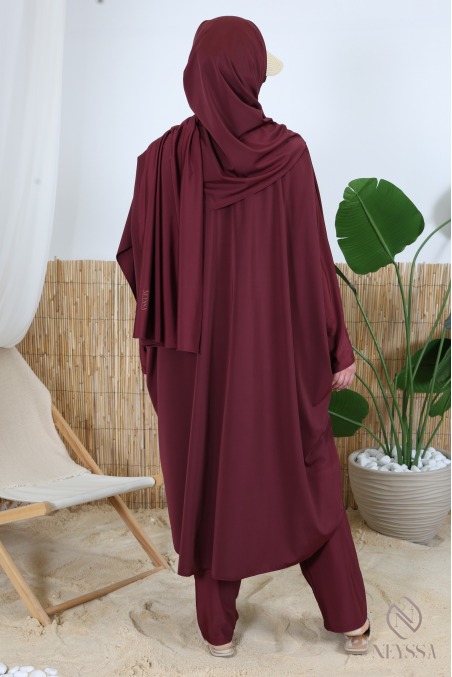Burgundy 3-piece plus-size butterfly-cut burkini with zipper