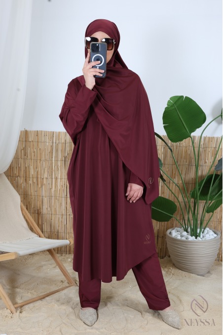 Burgundy 3-piece plus-size butterfly-cut burkini with zipper