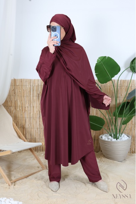 Burgundy 3-piece plus-size butterfly-cut burkini with zipper