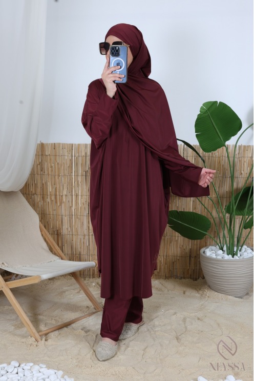 Burkini 3 pièces bordeaux grande taille coupe papillon avec zip