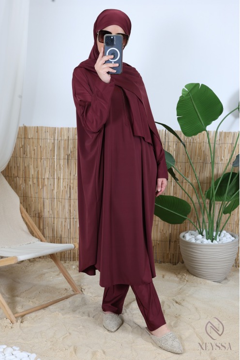 Burkini 3 pièces bordeaux grande taille coupe papillon avec zip