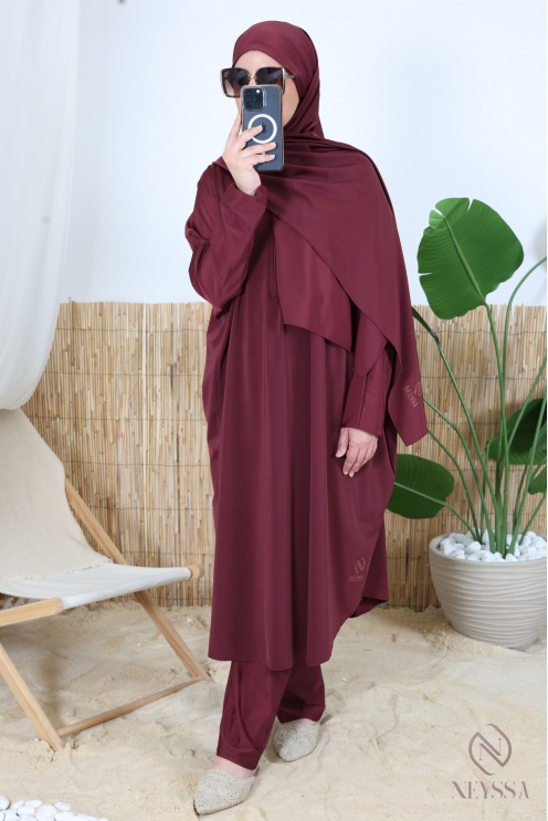 Burkini 3 pièces bordeaux grande taille coupe papillon avec zip