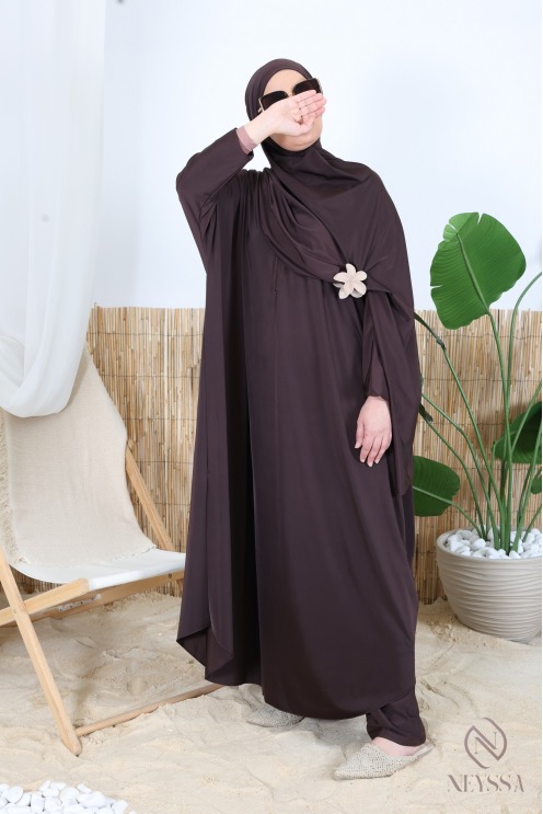 Long butterfly-cut burkini swimsuit with hijab, water-repellent fabric