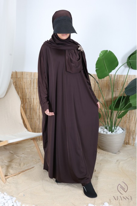 Long butterfly-cut burkini swimsuit with hijab, water-repellent fabric