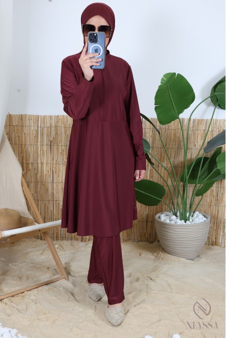 Burkini bordeaux 3 pièces avec tunique zippé, hijab inclus