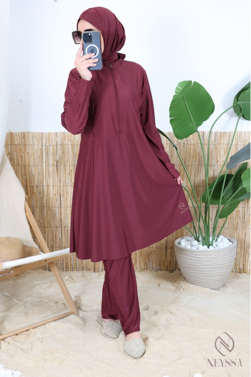 3-piece burgundy burkini set with zippered tunic, hijab included