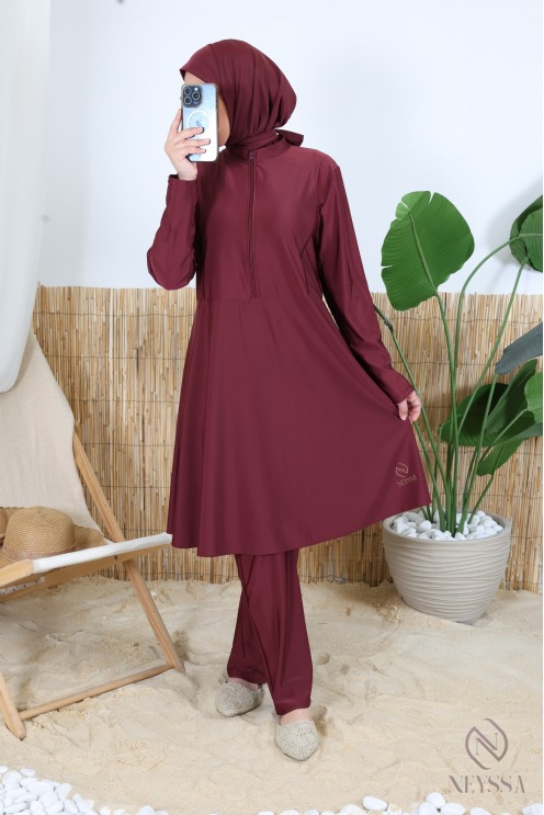3-piece burgundy burkini set with zippered tunic, hijab included