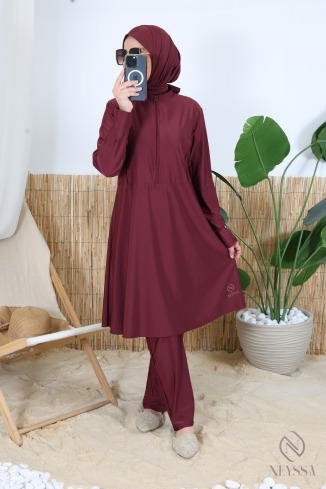 Burkini bordeaux 3 pièces avec tunique zippé, hijab inclus 2