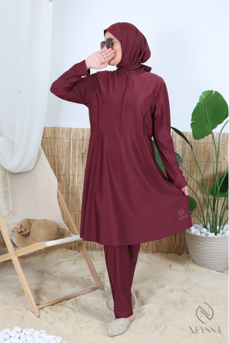 Burkini bordeaux 3 pièces avec tunique zippé, hijab inclus